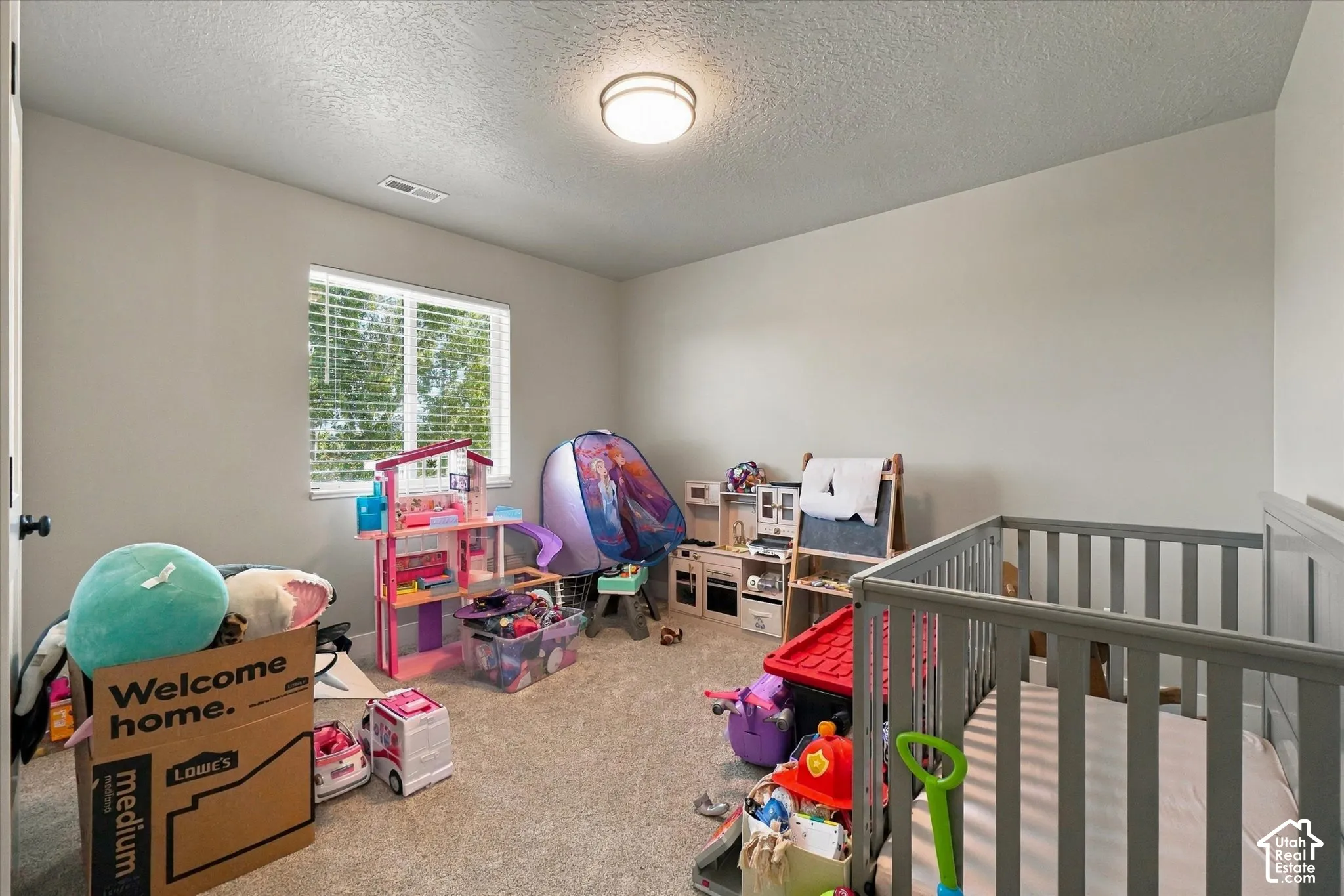 Room featuring neutral wall paint, carpeted flooring, a flush-mount ceiling light fixture, and a window with horizontal blinds