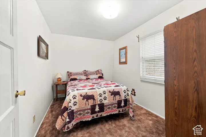 Room featuring plush carpeting, a window with horizontal blinds, a ceiling-mounted light fixture, and a solid-core interior door with a brass-finish knob