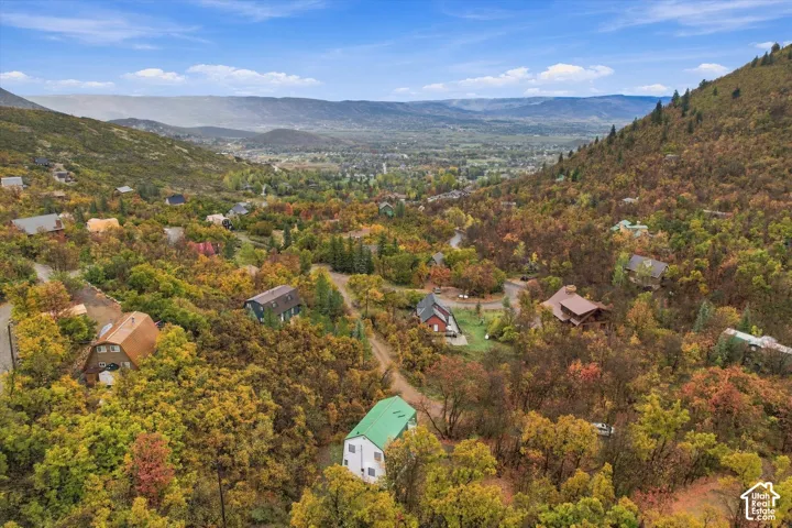 Aerial perspective showcasing a mountain landscape featuring dense deciduous vegetation, rolling terrain, and distant valley scenery
