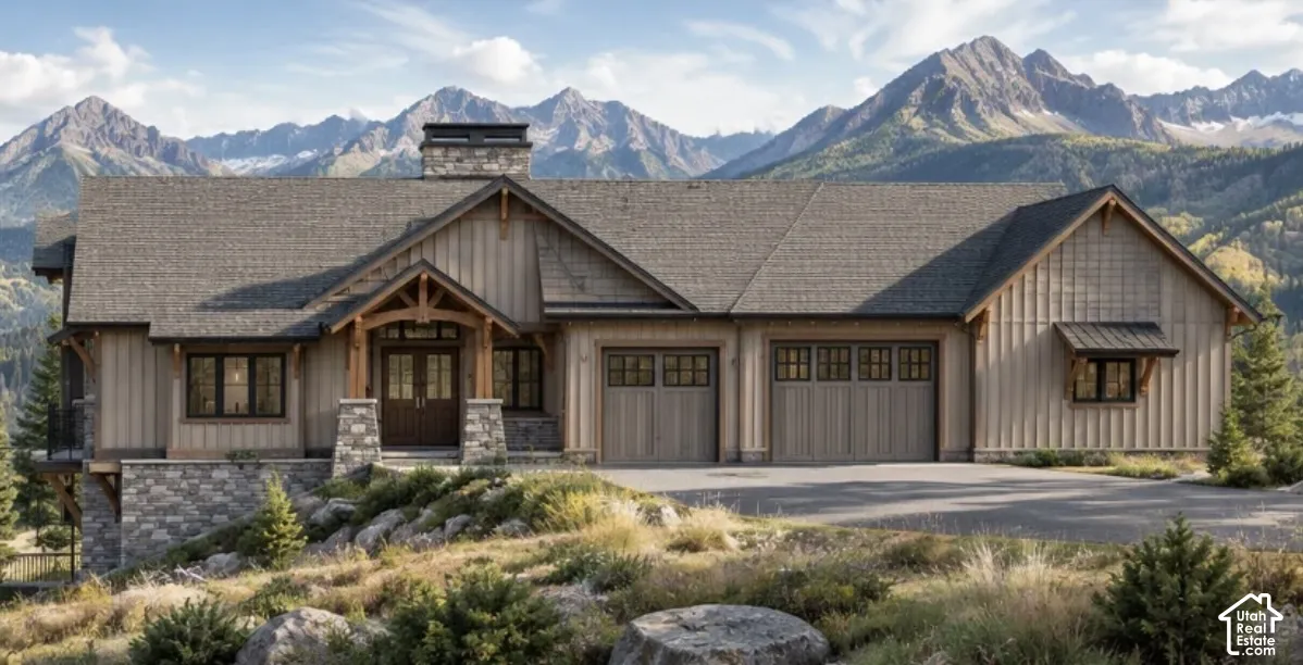 Mountain-inspired exterior featuring vertical wood siding, stone masonry detailing, a gable roofline, covered entryway, and a three-car garage