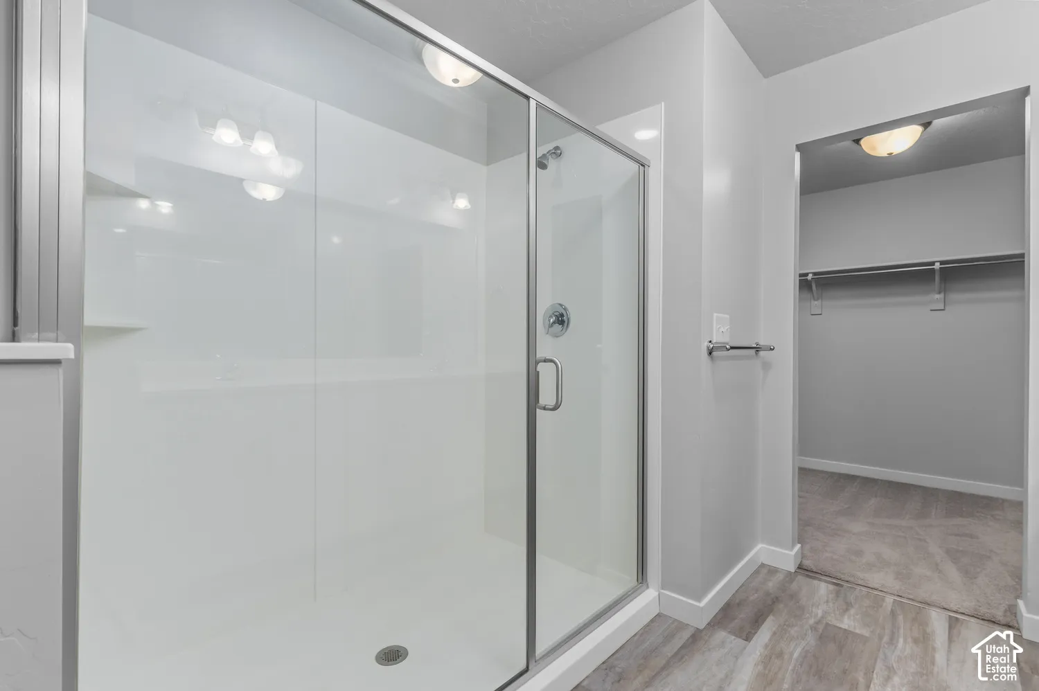 Walk-in shower with a glass enclosure, integrated shelving, and metal hardware, featuring wood-finish flooring and a walk-in storage area with a built-in rod