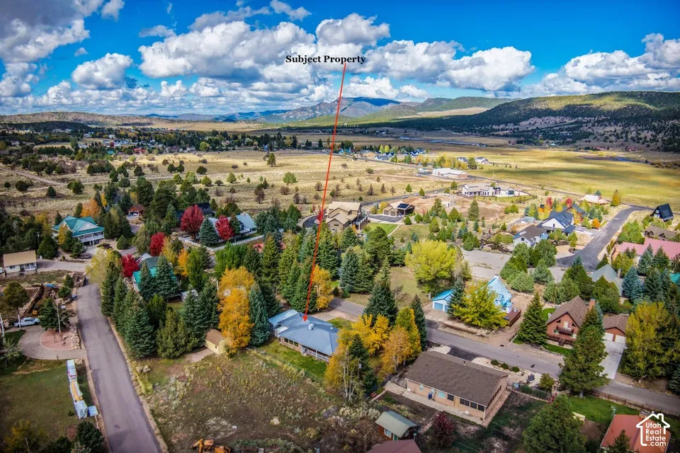 Aerial perspective of property featuring a metal roof, surrounding mature trees, and a mountain backdrop