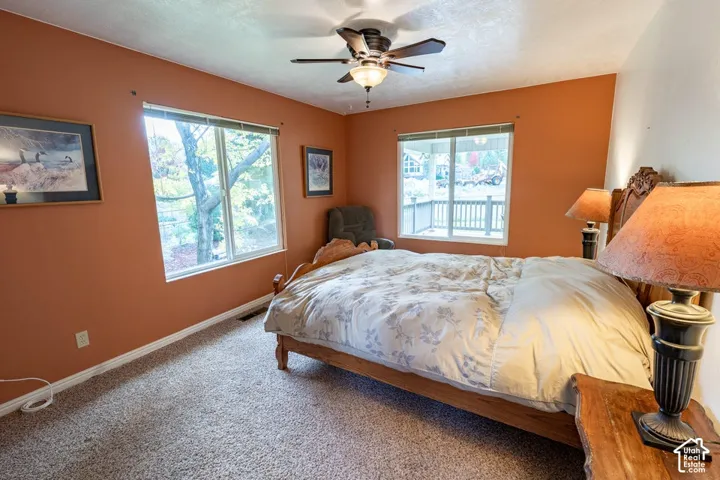 Room featuring dual windows, wall-to-wall carpeting, and a ceiling fan with integrated lighting