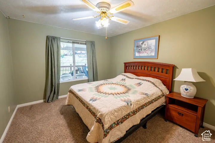 Bedroom featuring neutral-toned carpeting, a ceiling fan with integrated lighting, and a window with natural light exposure