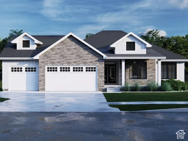 Contemporary farmhouse exterior featuring vertical siding, stone masonry accents, dual-gabled roofline with dormers, and a three-car garage