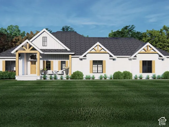 Single-story exterior featuring white board-and-batten siding, a dark shingle roof, natural wood gables, and a covered front porch with timber framing