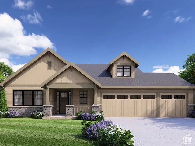 Exterior featuring horizontal and vertical siding, a stone veneer base, covered front porch with stone pillars, and an attached three-car garage