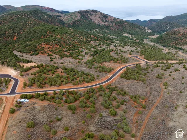 Expansive undeveloped land featuring paved asphalt roadways, native desert vegetation, rolling terrain, and a mountainous backdrop
