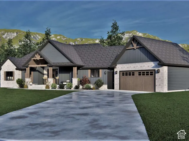 Exterior featuring brick and vertical siding, covered front entryway with decorative wood-finish trusses, and a multi-car garage with wood-finish sectional doors