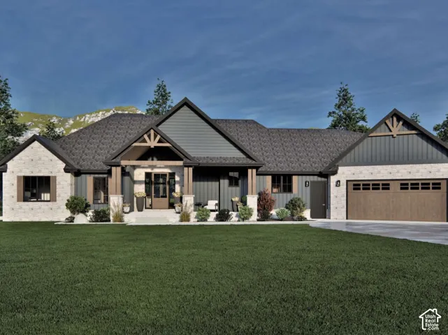 Single-story exterior featuring a stone and vertical-siding facade, gabled rooflines, timber-accented entryway, and a three-car garage with wood-finish doors