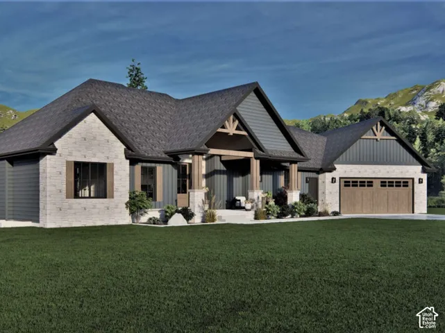 Single-story exterior featuring light-toned brick masonry, vertical and horizontal siding, exposed timber framing, and an attached multi-car garage
