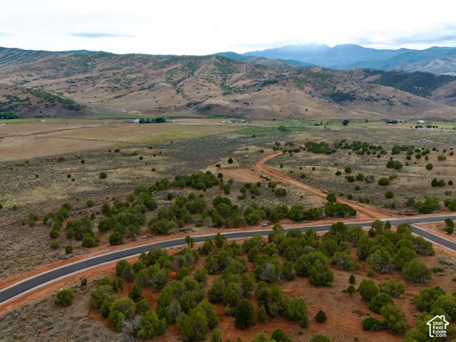 Expansive land parcel featuring paved road access, native vegetation, rolling terrain, and prominent mountain backdrops