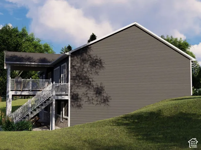 Exterior featuring dark-toned horizontal siding, a raised covered deck with white railing, and stairs providing ground-level access