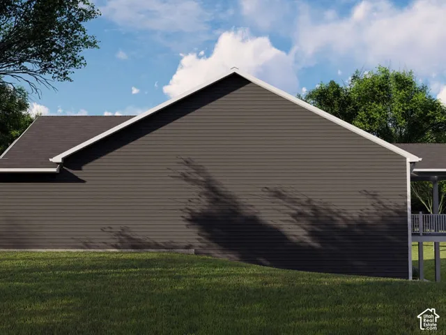 Exterior featuring horizontal dark-toned siding, a gabled roofline, and a raised covered deck with white railing