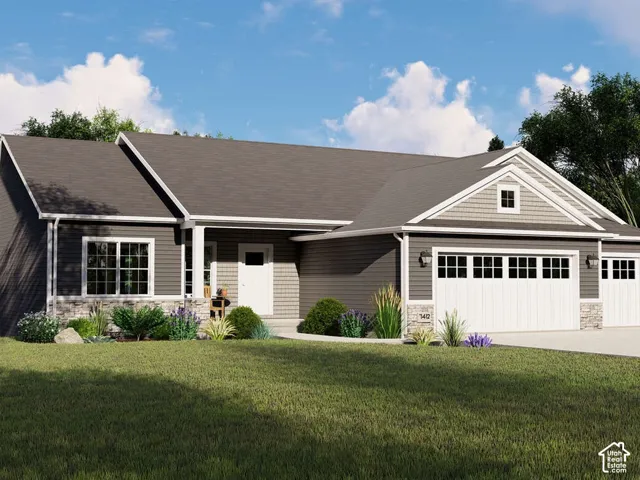 Single-story exterior featuring horizontal siding, stone veneer accents, a multi-gabled roofline, a covered entryway, and a three-car garage