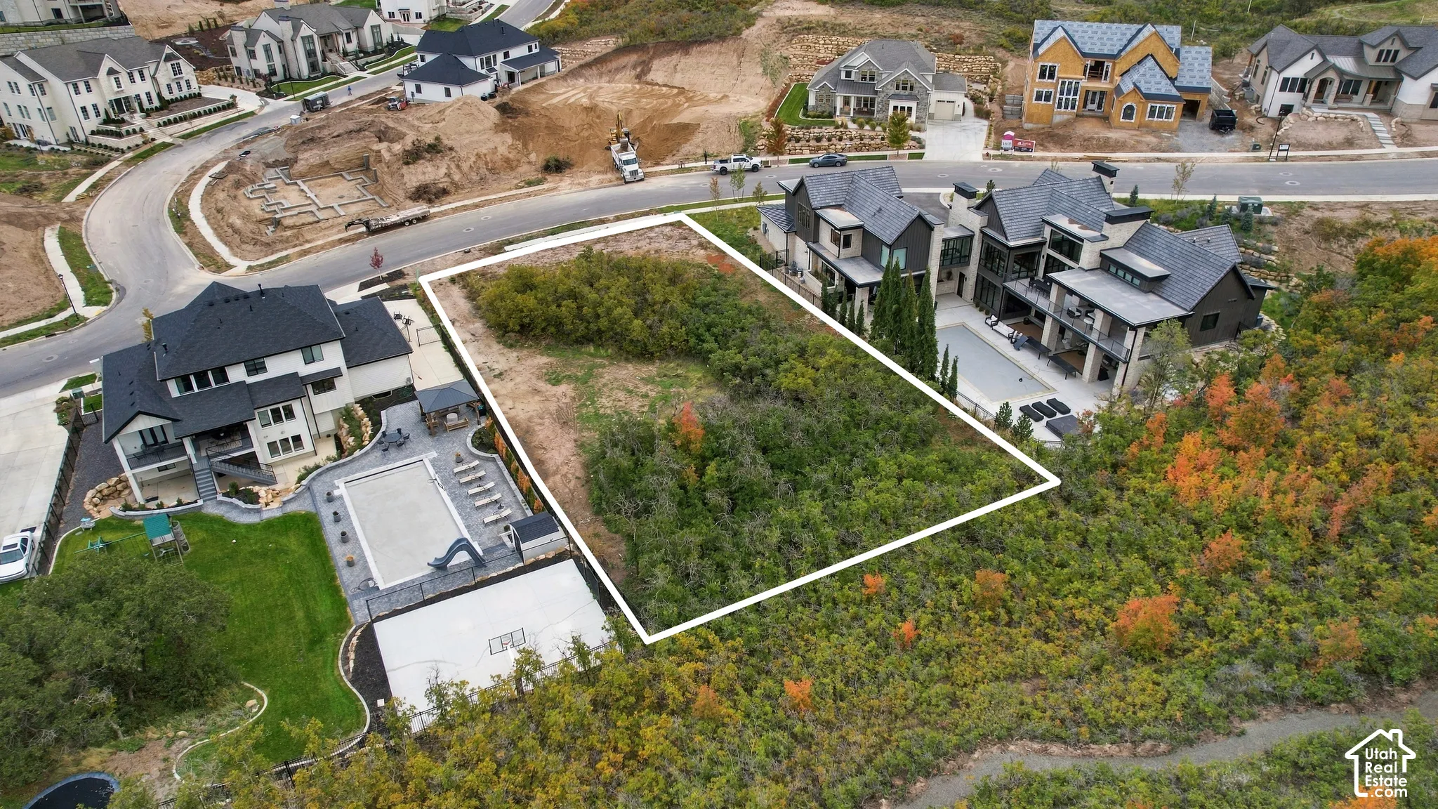 Undeveloped residential lot defined by property boundaries, featuring established mature vegetation and natural terrain