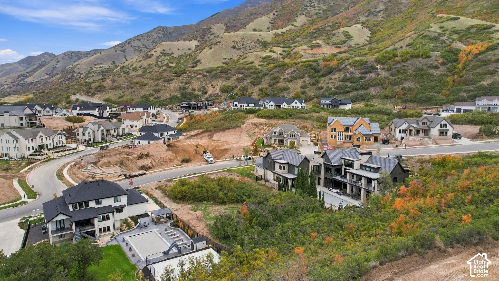 Aerial perspective of a multi-level residence featuring a rectangular swimming pool, concrete patio, curated landscaping, and a mountain backdrop