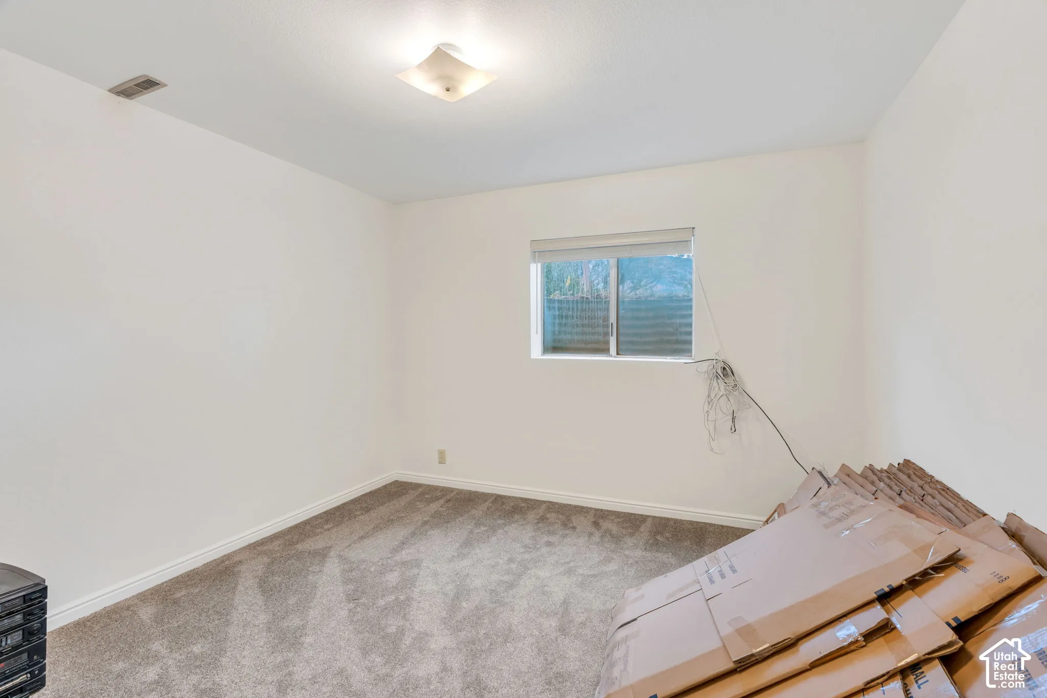 Room featuring neutral wall finishes, carpeted flooring, a single window, and a flush-mount light fixture