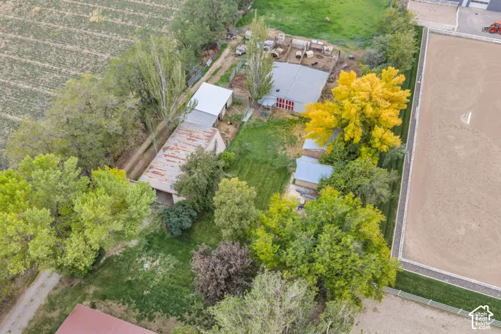 Equestrian facility featuring a rectangular riding arena, multiple outbuildings, metal roofing, mature trees, and fenced enclosure areas