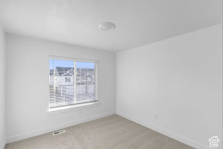 Neutral-toned carpeting, crisp white walls, single-pane window with horizontal blinds, and flush-mount ceiling lighting