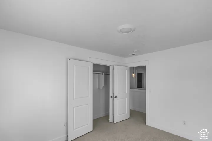 Neutral-toned interior featuring textured carpeting, double-panel closet doors, and flush-mount ceiling lighting
