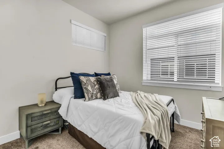 Neutral-toned interior space featuring neutral wall paint, plush carpeting, and horizontal slat window blinds