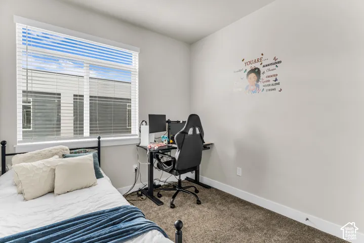 Neutral wall finishes, plush carpeting, and a large window with installed blinds