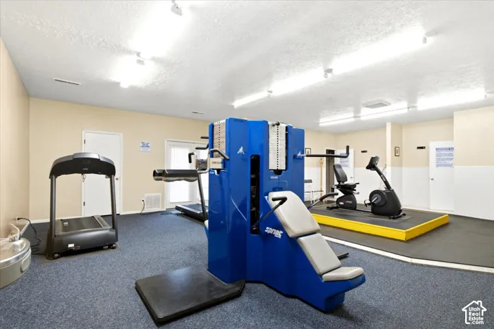 Spacious room featuring low-pile carpeting, neutral wall coloring, and linear LED lighting