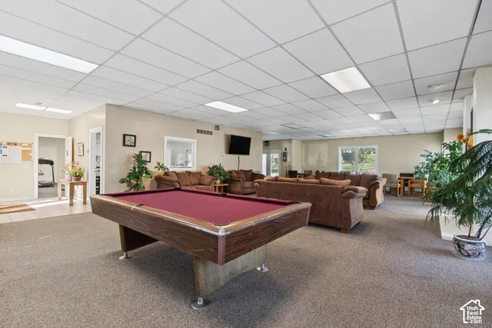 Open-concept common room featuring a drop ceiling, recessed grid lighting, wall-to-wall carpeting, and multiple windows
