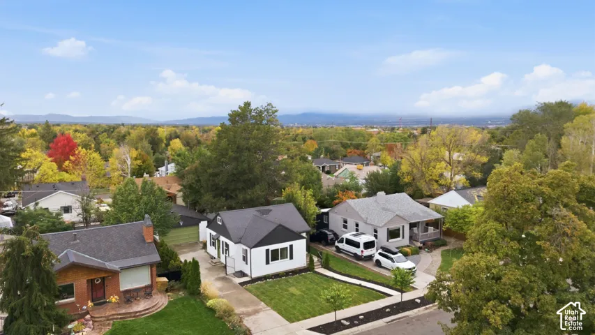 Aerial perspective of a neighborhood featuring mature tree canopy, maintained lawns, concrete driveways, and mountain scenery