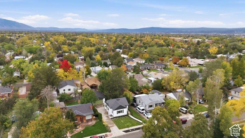 Aerial perspective featuring a mature residential neighborhood with established deciduous trees and distant mountain horizons