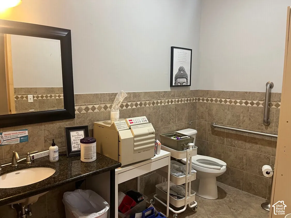 Bathroom featuring dark stone-finish countertop, undermount sink with dual-handle faucet, ceramic tile wainscoting with decorative mosaic border, and stainless steel grab bars