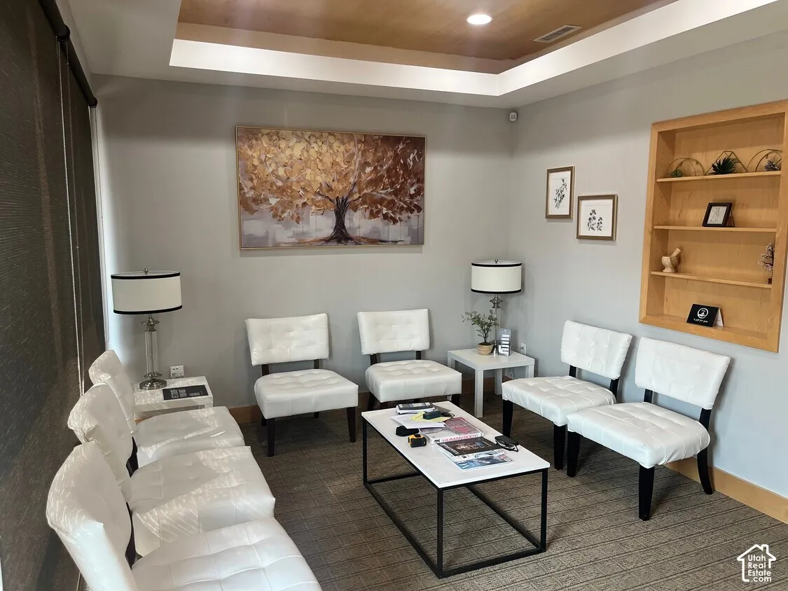 Tray ceiling with recessed lighting and built-in wood shelving