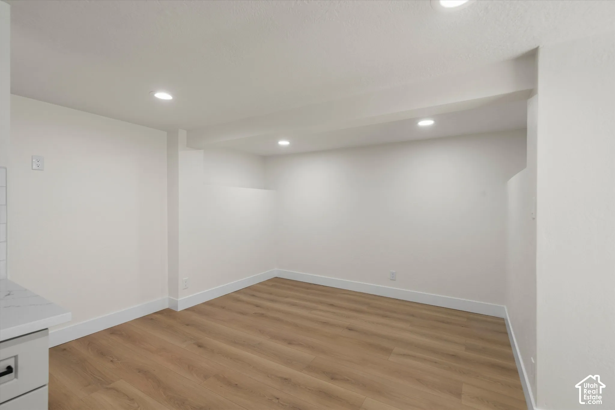 Interior space featuring wood-finish flooring, recessed lighting, and neutral wall paint