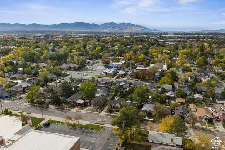 Aerial perspective of a neighborhood featuring mature deciduous trees and a prominent mountain backdrop
