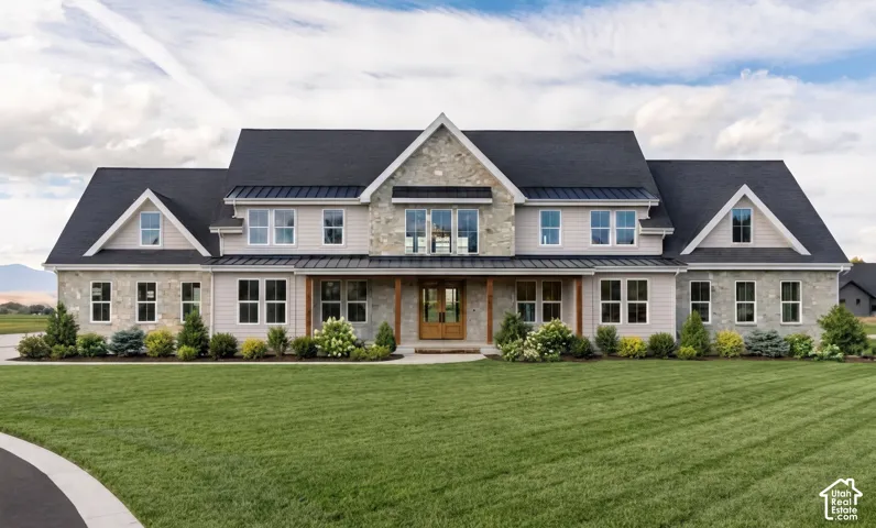 Custom exterior featuring stone veneer and horizontal siding, multi-gabled roofline, metal roof accents, covered entryway with wooden pillars, and manicured landscaping