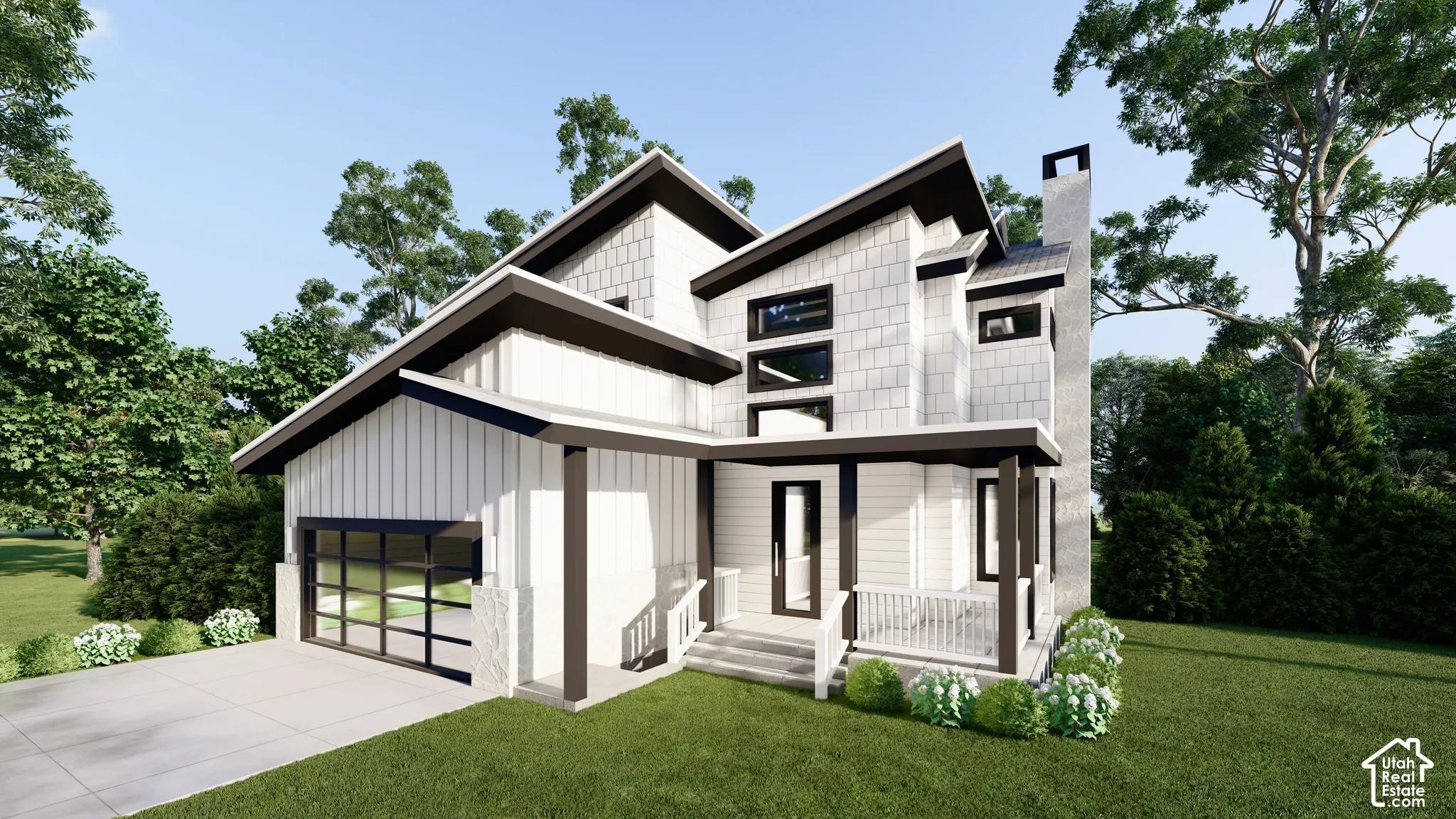 Modern exterior featuring board-and-batten siding, a stone chimney, a covered porch with white railing, and a multi-pane glass garage door