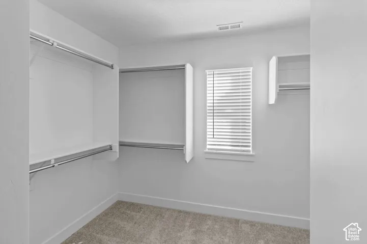 Walk-in storage space featuring built-in shelving, metal hanging rods, neutral-toned carpeting, and a window with horizontal blinds