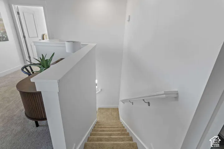 Staircase featuring wall-to-wall carpeting, white millwork, and a wall-mounted handrail