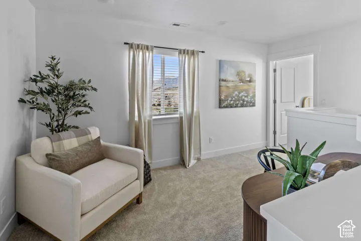 Neutral-toned wall-to-wall carpeting, single-pane window with white trim, and a paneled interior door