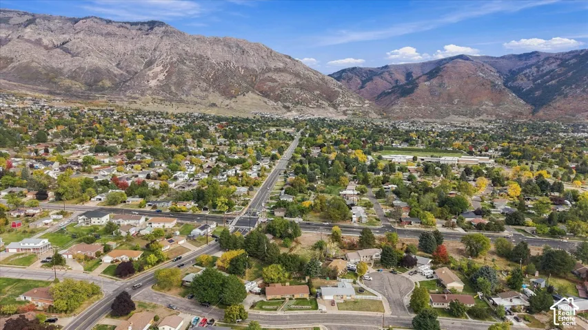Aerial perspective featuring prominent mountain range backdrop and mature tree-lined streets