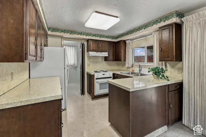 Kitchen featuring dark wood cabinetry, solid-surface countertops, dual-basin stainless steel sink, and white appliances