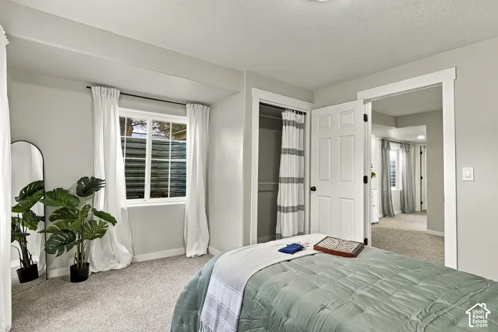 Neutral-toned interior featuring wall-to-wall carpeting, recessed window nook, and built-in closet storage with interior shelving