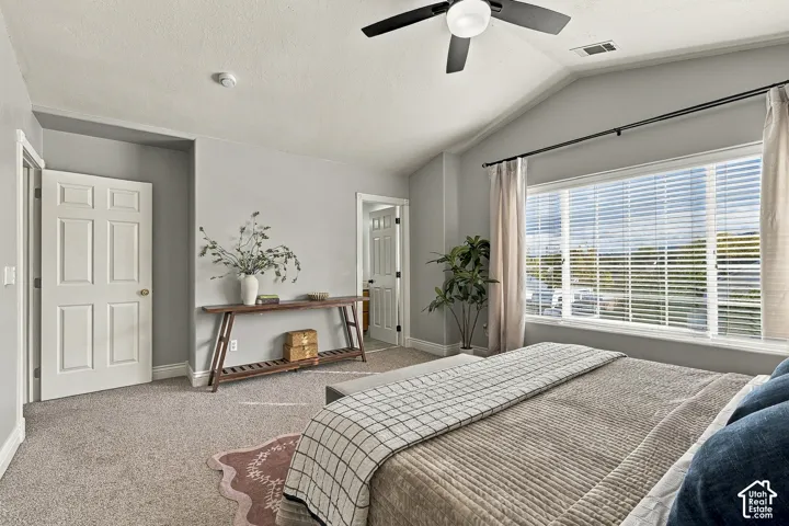 Vaulted ceiling with a centrally mounted ceiling fan, neutral wall tones, carpeted flooring, and a large multi-pane window
