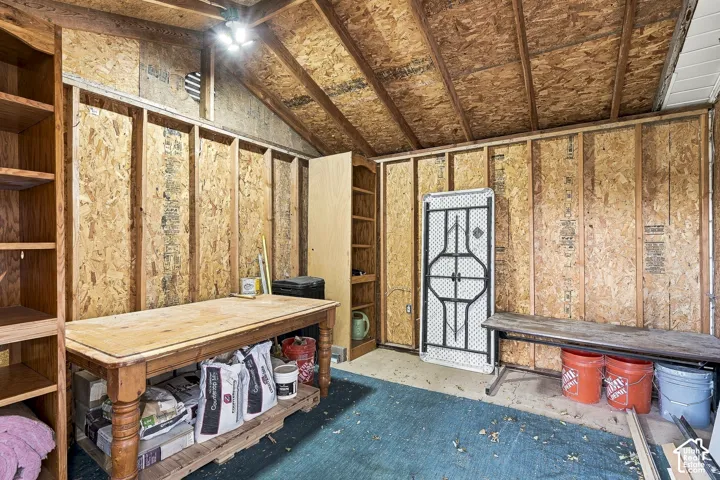 Outbuilding interior featuring exposed stud walls, vaulted ceiling with exposed rafters, and built-in shelving
