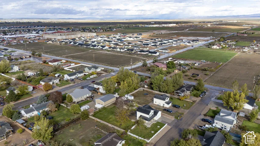 Aerial perspective of a suburban neighborhood featuring paved street infrastructure, residential lots with mature trees, established lawns, and surrounding open acreage