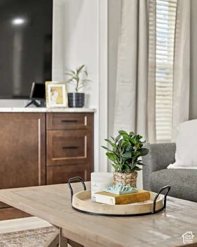 Built-in cabinetry featuring dark wood-finish, stone-surface countertop, and vertical fluted casing trim