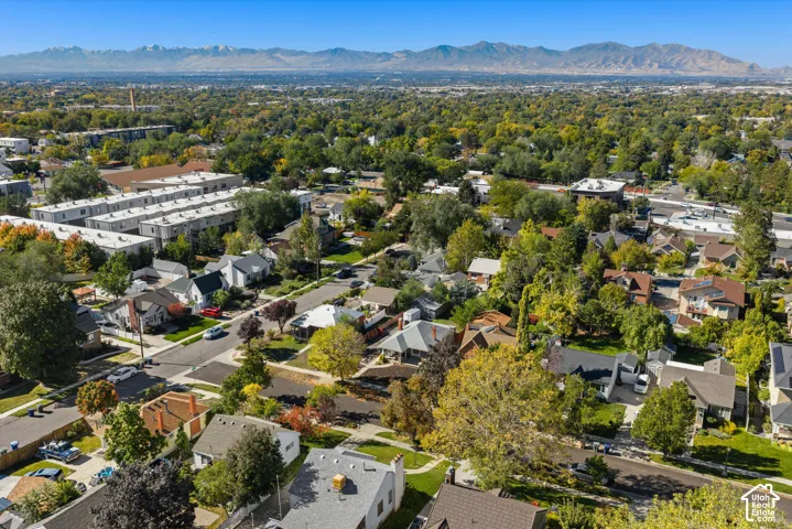 Aerial perspective of a suburban neighborhood featuring mature canopy trees, grid-patterned streets, and a prominent mountain range backdrop