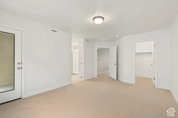 Neutral-toned wall-to-wall carpeting, flush-mount ceiling lighting, door featuring a glass panel insert, and walk-in closet with integrated shelving
