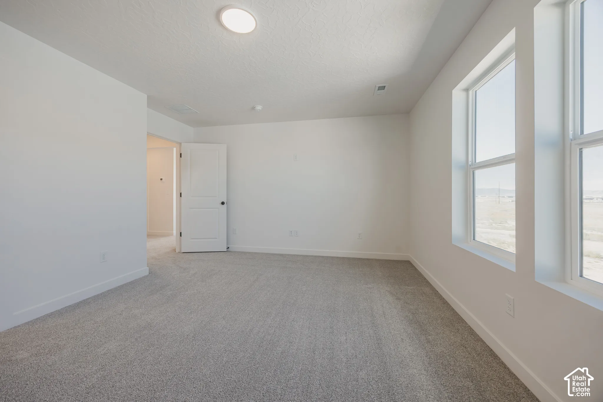 Neutral-toned carpeted flooring, two large windows, flush-mount overhead lighting, and a solid-core interior door